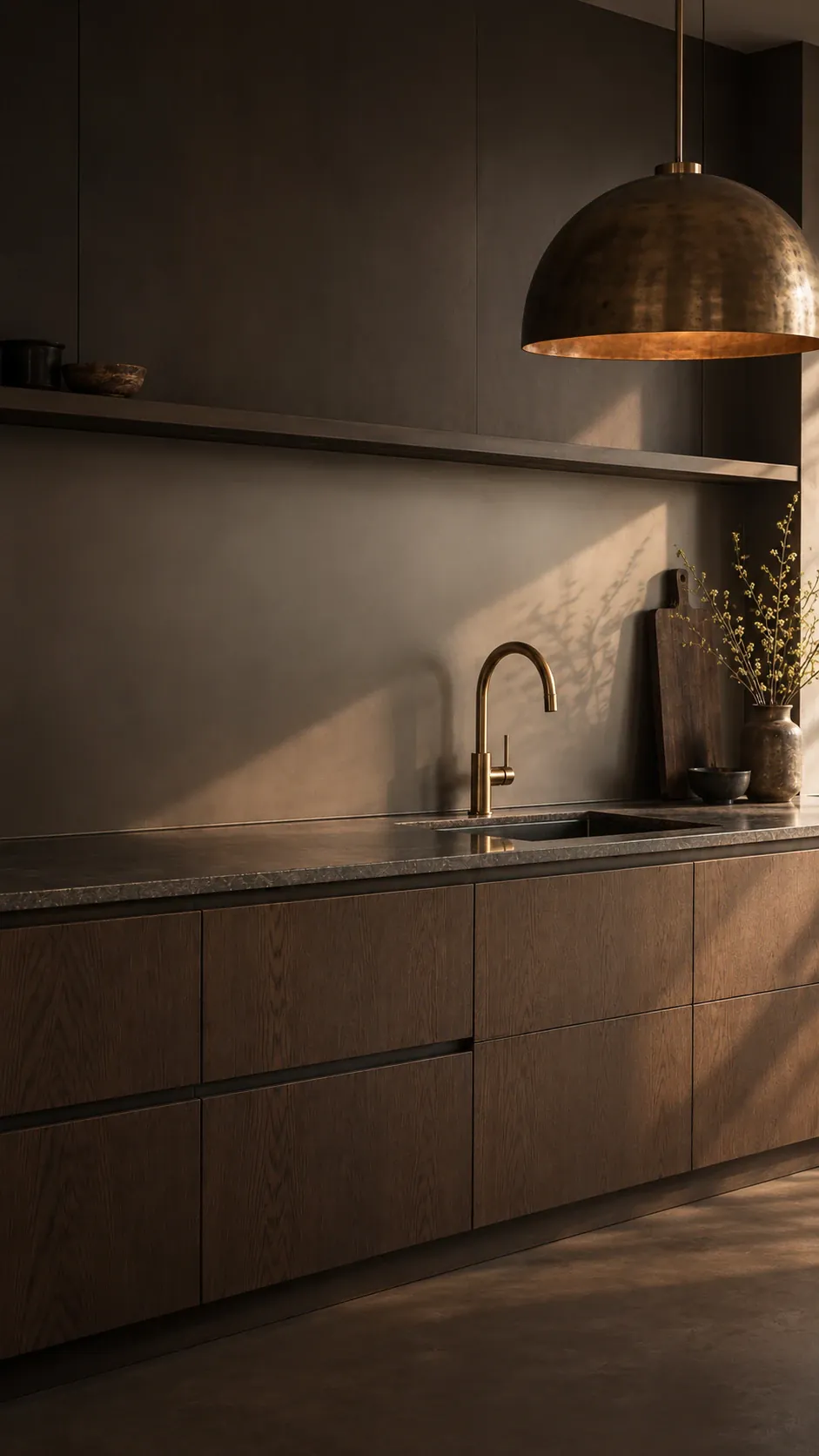 Keuken met een donkere achterwand, messing kraan, stenen werkblad en eikenhouten fronten
