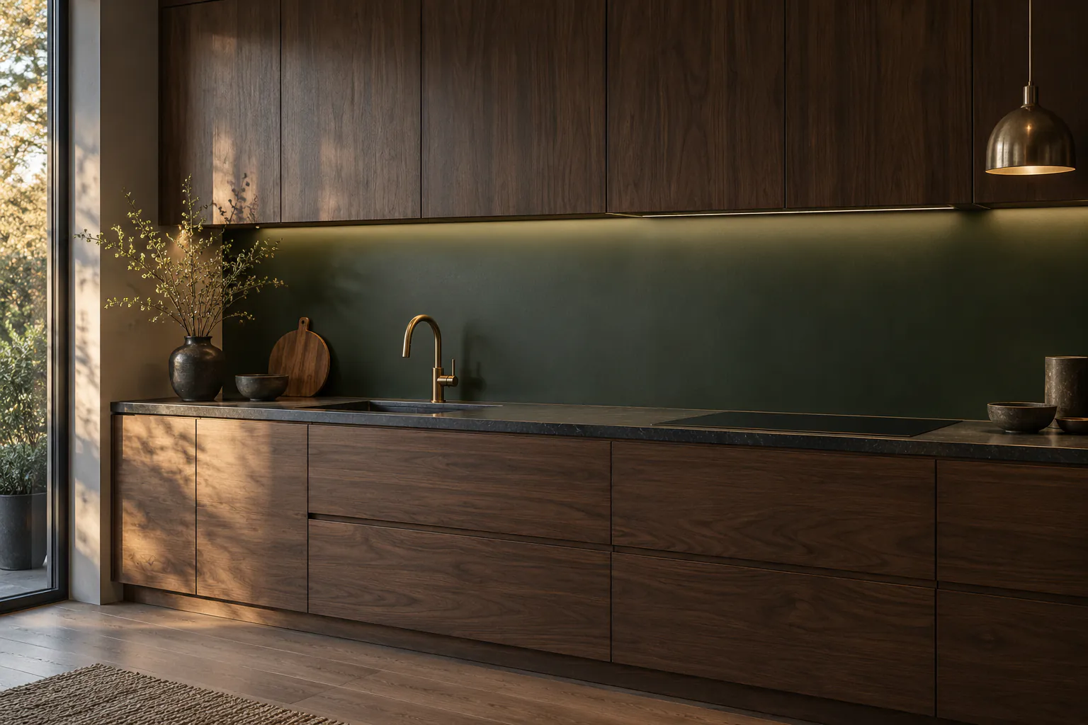 Keuken met een diepgroene achterwand en donkerhouten kasten