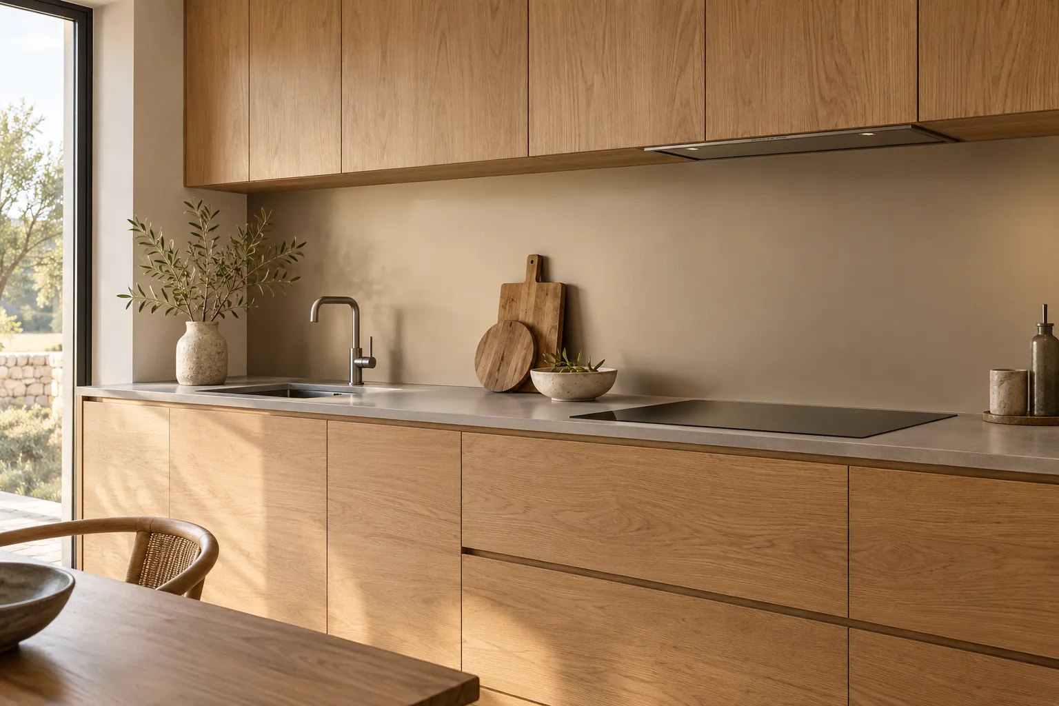 Keuken met een zandkleurige achterwand en kasten van natuurlijk eiken